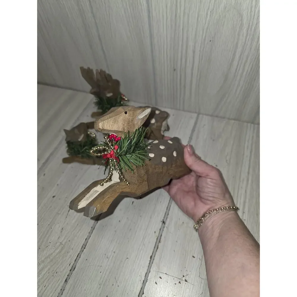 Wood Deer Family Buck Doe Fawn Wood Figures Christmas Decor Hand Carved Folk Art